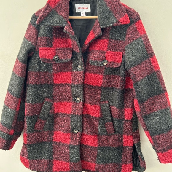 Joe Fresh Buffalo Plaid Boucle Textured Knit Button Down Flap Pocket Jacket - Picture 4 of 4